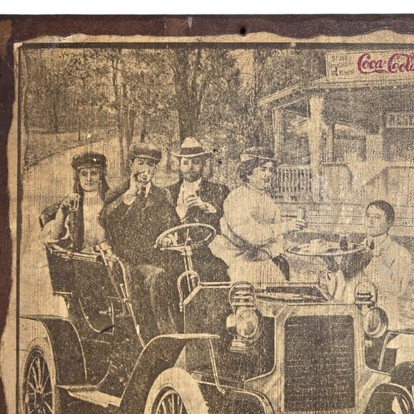 Antique COCA-COLA AT‎ ALL Fountains Model T Car Poster Wood Wall Hang 14"x 10.5" - Picture 3 of 11
